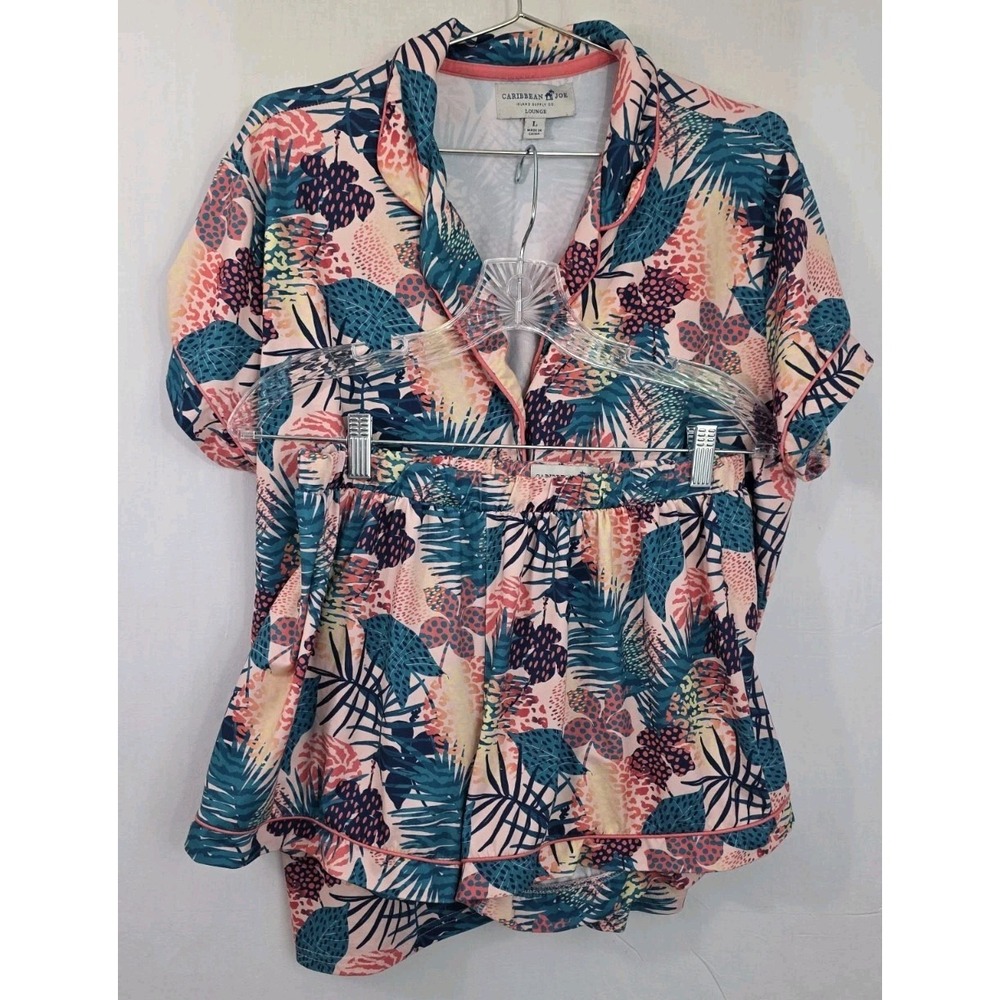 Caribbean Joe Shorty Notch Pajama Set Size Large Palm Leaves Beach Vacation